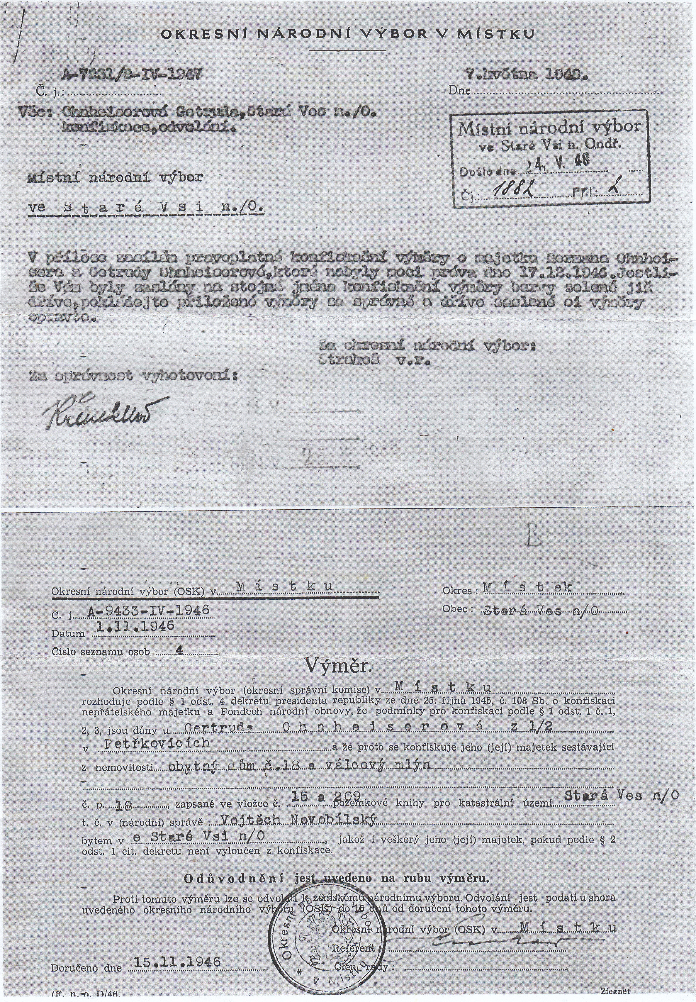 Ohnheiser dopis k Vymeru 15.11.1946